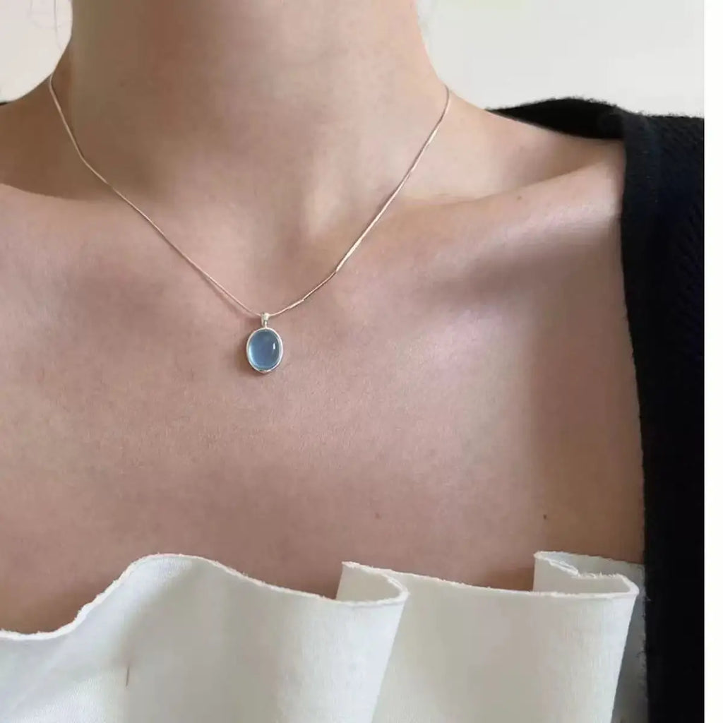 925 Sterling Silver Necklace with Moonstone and Natural Aquamarine Pendant, Necklace, Clavicle Chain, Women's Jewelry