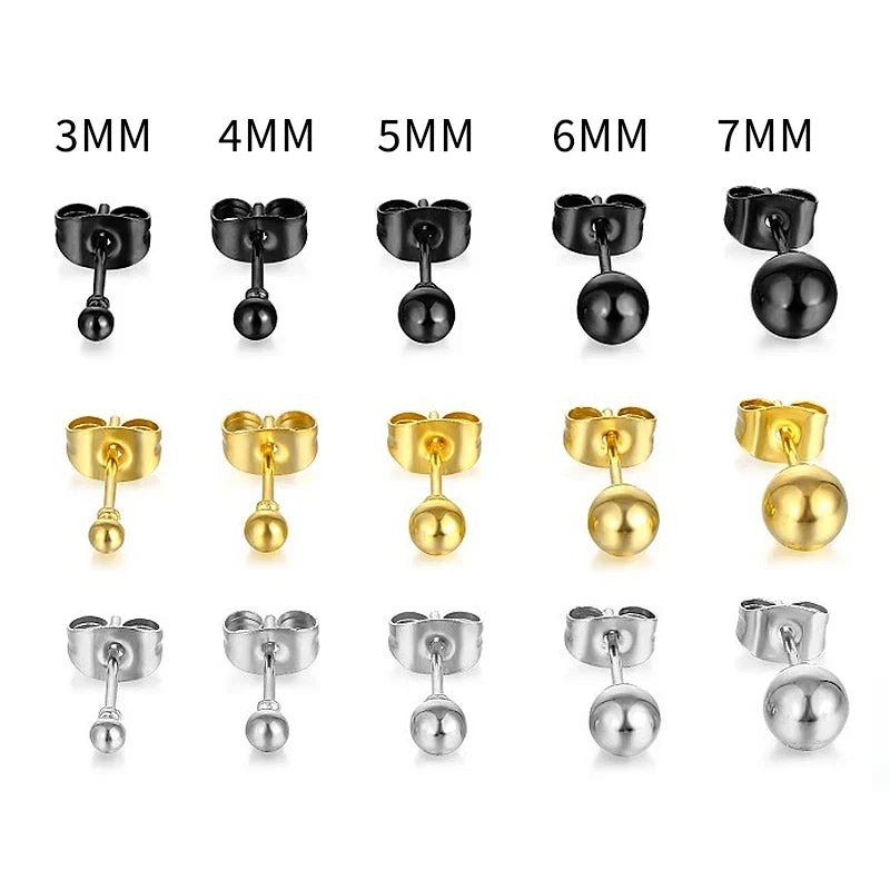 3-7mm Round Ball Stainless Steel Stud Earrings | Unisex Fashion Jewelry Gift