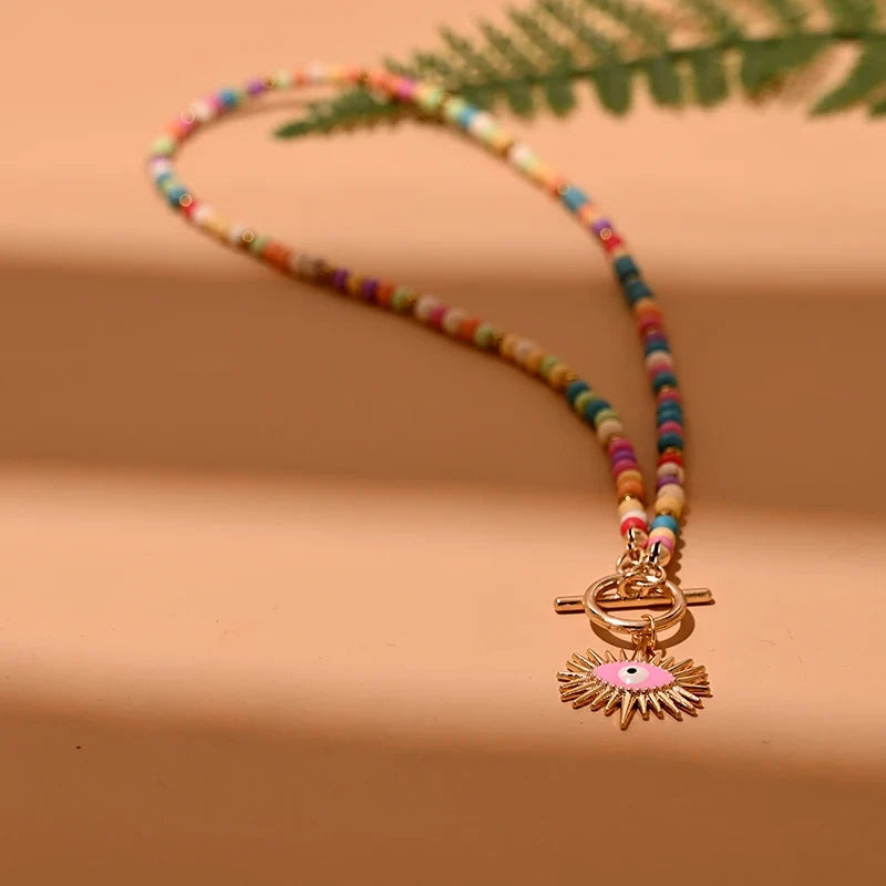 4mm Colorful Stone Choker Necklace for Women | Round Evil Charm Pendant