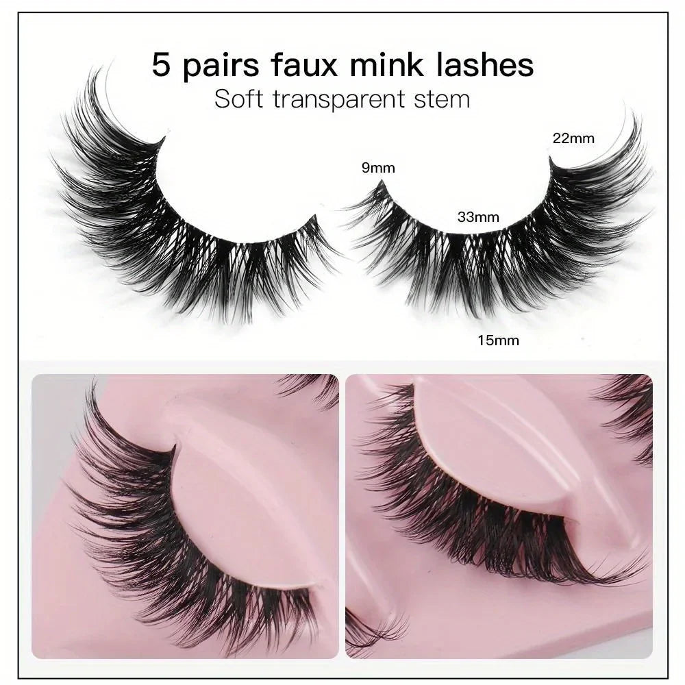 5 Pairs of Dramatic Cat Eye Fake Eyelashes - Natural, Long, Winged, and Elongated for a Flawless Makeup Look.