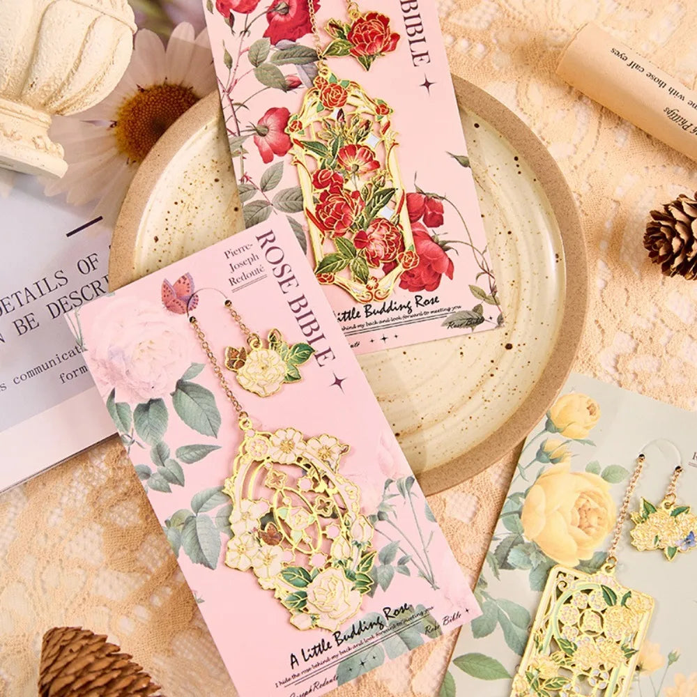 Retro Metal Aesthetic Rose Bookmark Pendant Chinese Style Floral Painting Bookmark Student Reading Mark Book Accessories Gift