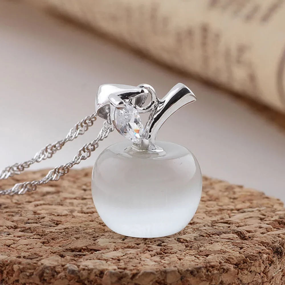 925 Sterling Silver Crystal Apple Link Chain Necklace | Vintage Elegant Fine Jewelry