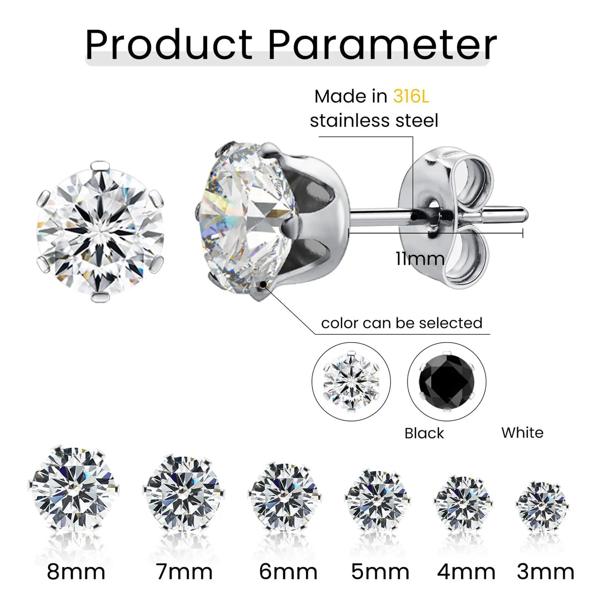 Stainless Steel Cubic Zirconia Stud Earrings Set | 12 Color Hypoallergenic Earrings for Sensitive Skin