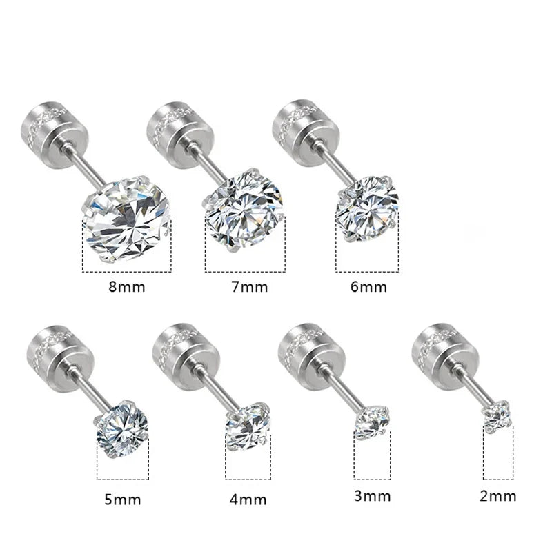 1Pair Stainless Steel Crystals Stud Earrings | Classic Screw-Back Jewelry