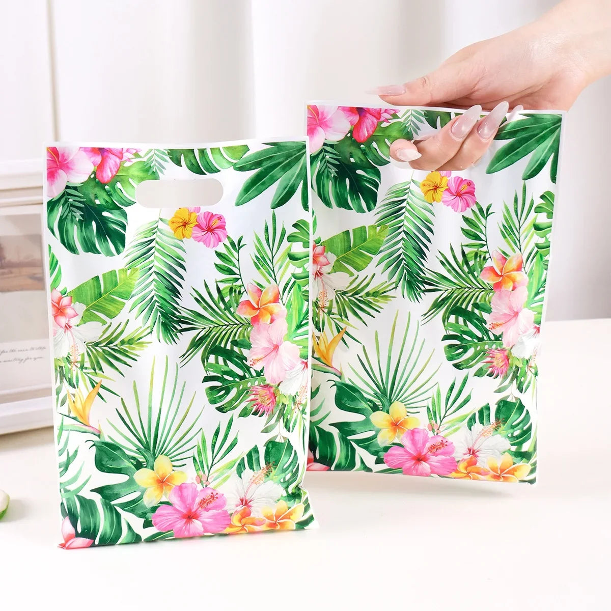Tropical Hawaiian Party Tablecloth and Flamingo Decor Set | Plastic Table Runner and Candy Bags