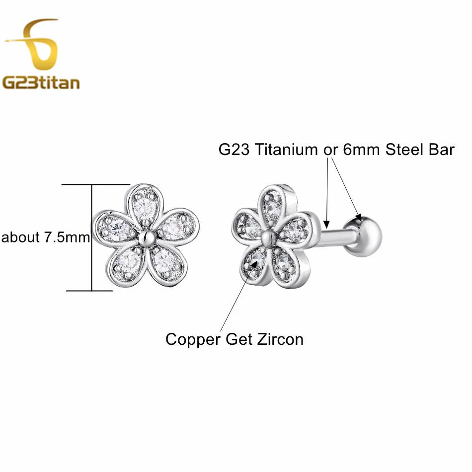 2PC Women's Flower Zircon Stud Earrings 3 Colors Engagement Wedding Jewelry for Cartilage Helix Lobe Piercing