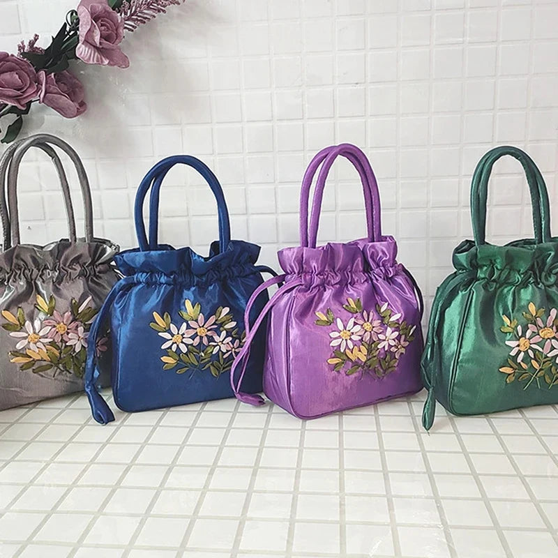 Small Embroidered Flower Bucket Bag | Women's Top Handle Drawstring Purse