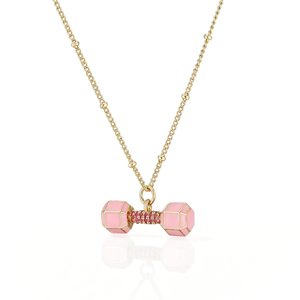 Small Dumbbell Pink Zirconia Charm Pendant Necklace Delicate Sweet Women's Jewelry Necklace, Enameled Gold-Plated Brass Jewelry