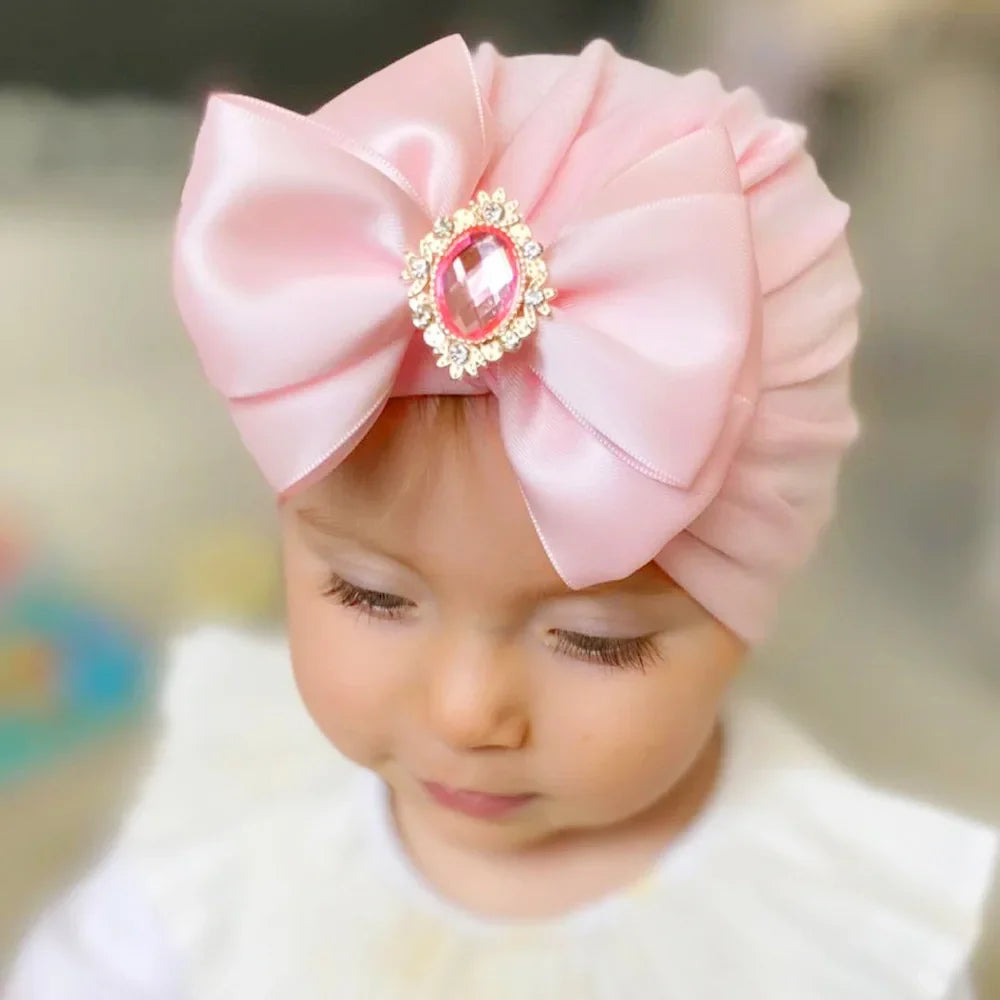 Solid Color Baby Turban Bow Beanie with Rhinestone | Handmade Infant Cap for Girls 0-2 Years