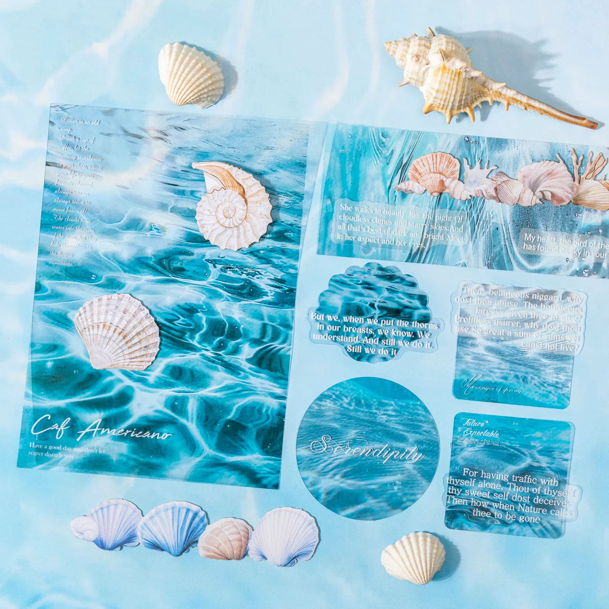 25 Sheets Blue Ocean Theme Dual Texture Sticker Pack | Scrapbook and Journal Decor Set