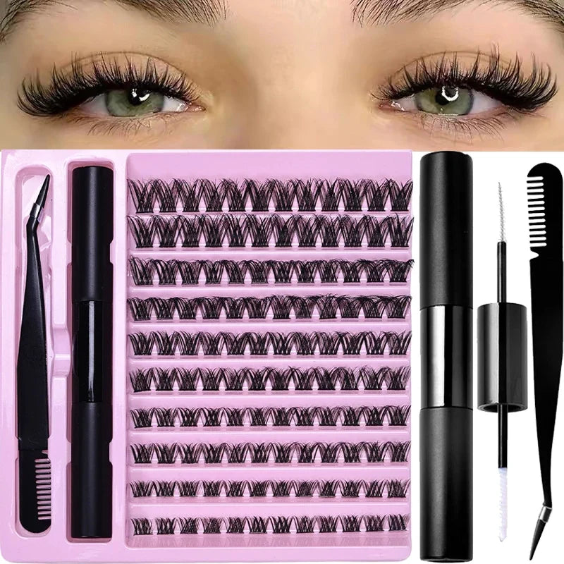 DIY Eyelash Extension Kit Lash Clusters D Curl with Bond and Seal Lash Tweezers Individual Lashes for Beginners Home Use