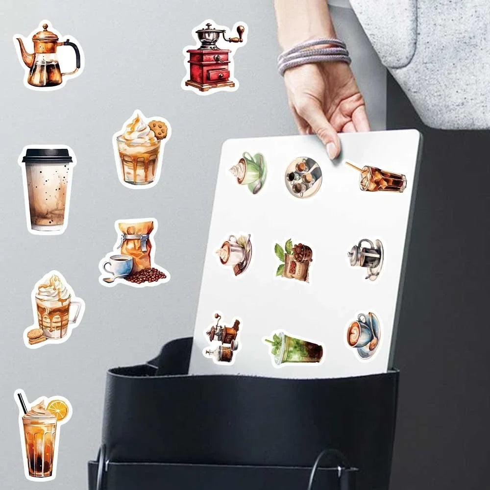 50 Cartoon Coffee Themed Stickers | Waterproof Decals for Laptops Helmets and Gear