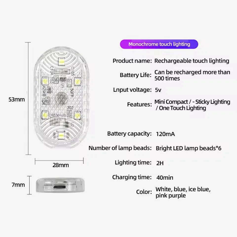 USB Charging LED Touch Light | Mini Wireless Car Interior Lamp for Trunk and Roof