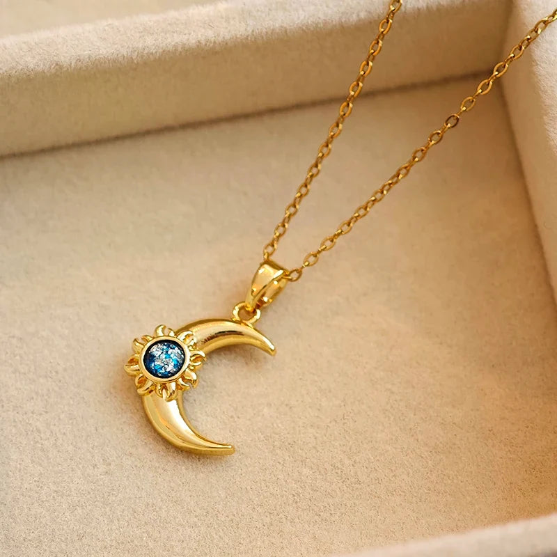 Moon and Sun Zircon Pendant Necklace | 316L Stainless Steel Choker