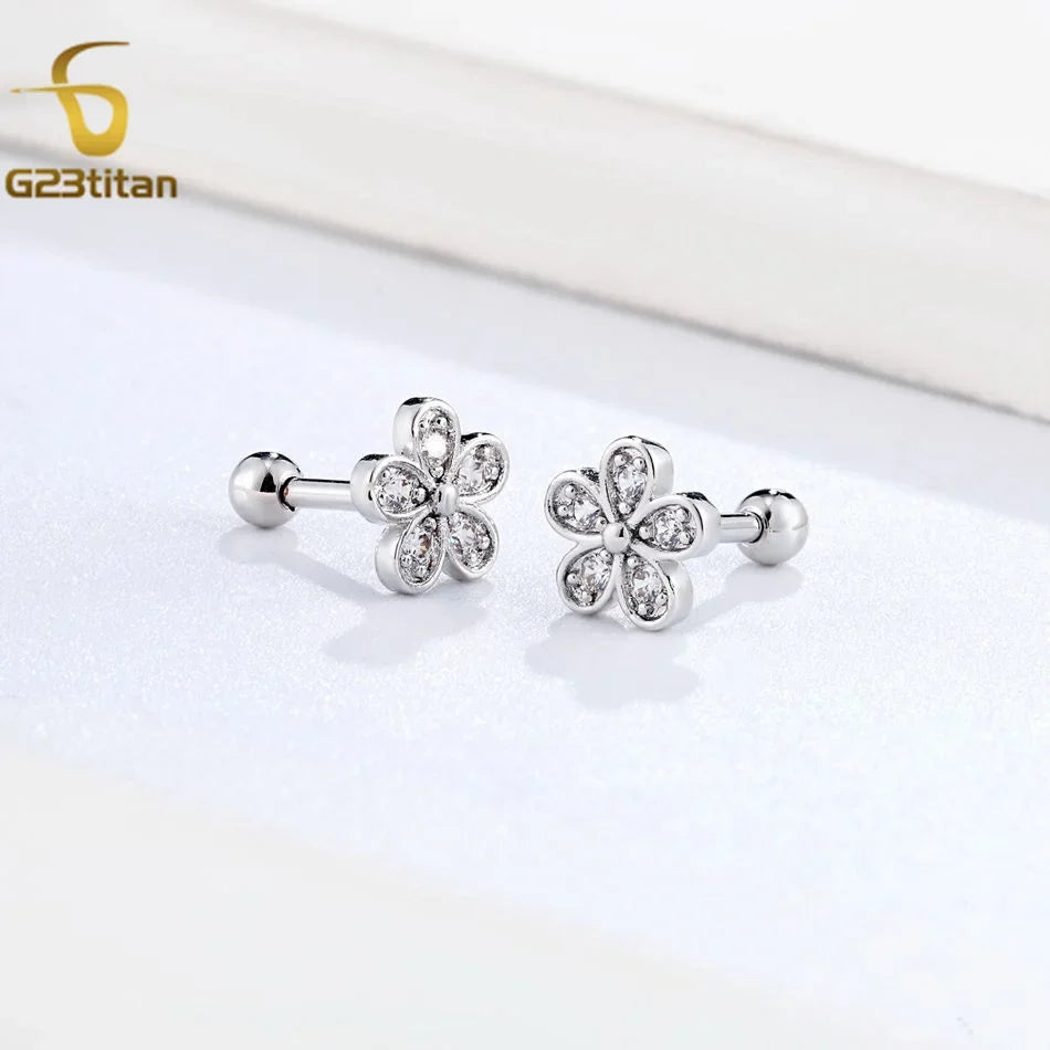 2PC Women's Flower Zircon Stud Earrings 3 Colors Engagement Wedding Jewelry for Cartilage Helix Lobe Piercing