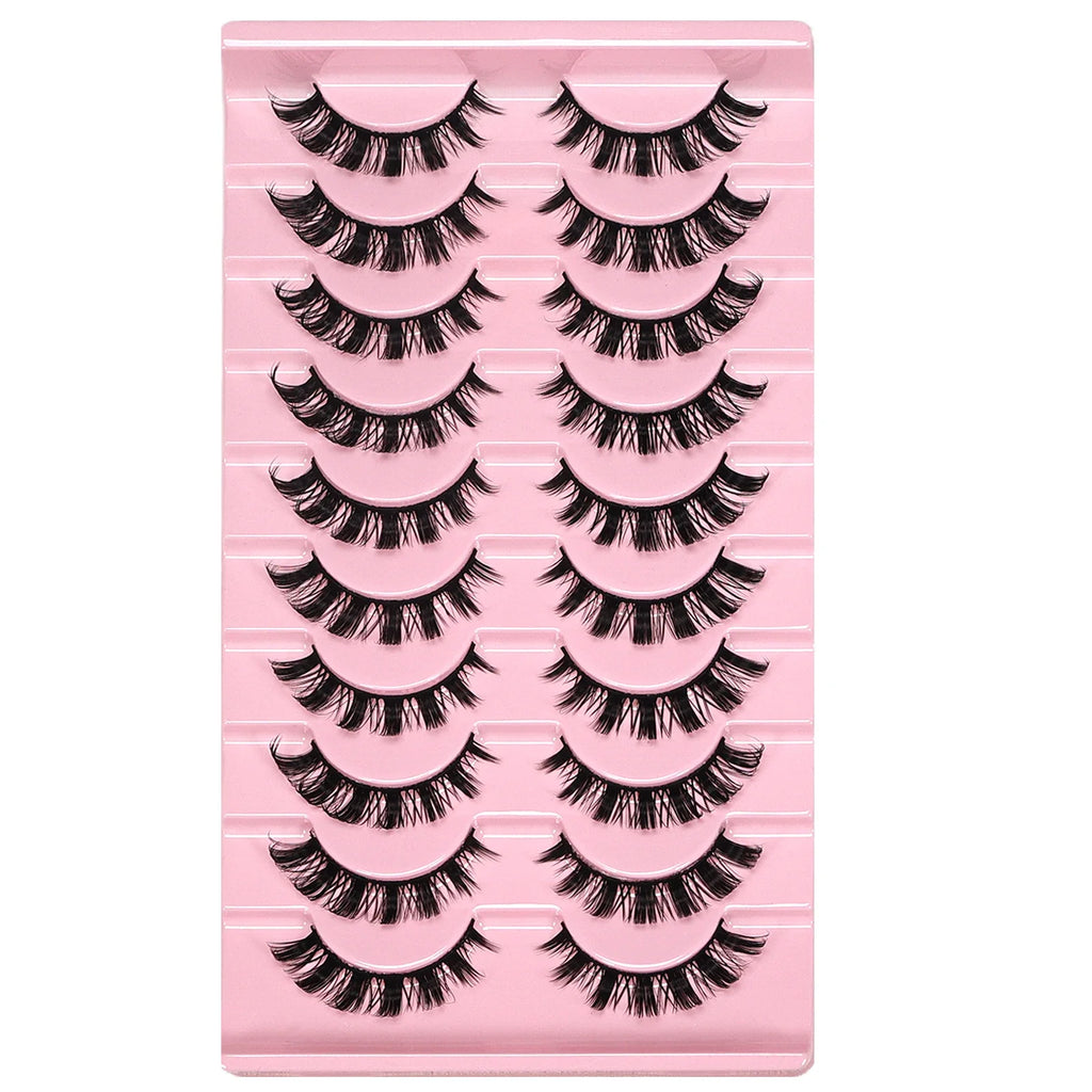 10 Pairs Messy Fluffy Russian False Eyelashes DD Deep Curl Hybrid Faux Mink Volume Strip Lashes for Casual Selfie Look