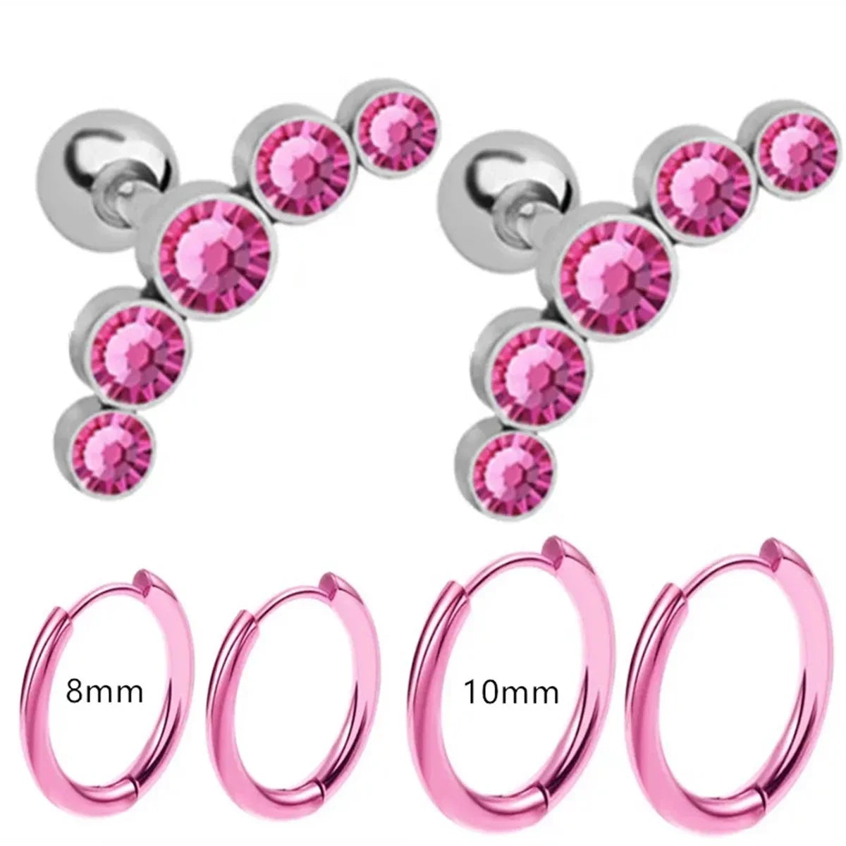EVISPOL 6Pcs Fashion Stainless Steel Colorful Crystal Tragus Stud Earrings Set Helix Cartilage Huggie Hoops Ear Piercing Jewelry