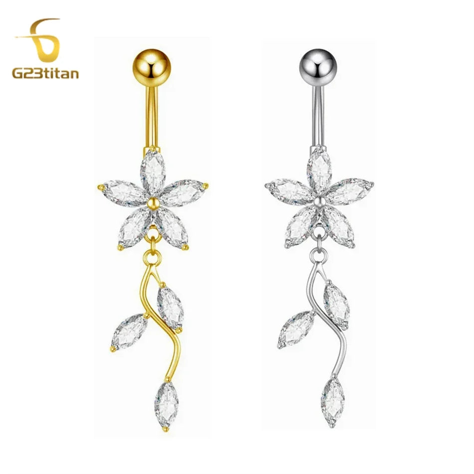 Stainless Steel Dangle Belly Button Ring Crystal Flower with Dangling Marquise Vine Titanium Navel Barbell Body Piercing Jewelry
