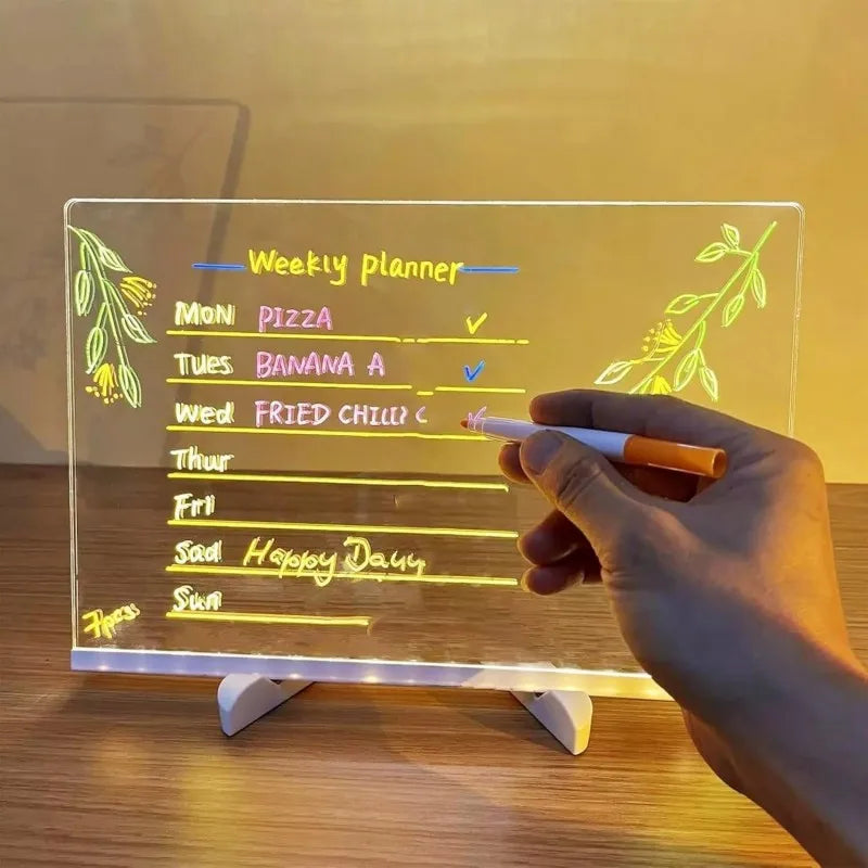 Light Up Acrylic Message Board Night Light | Rewritable DIY Glowing Drawing Board with 7 Colorful Pens