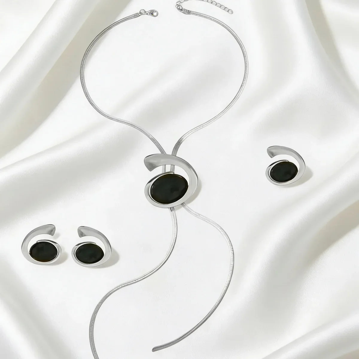 Elegant French Spiral Black Resin Stone /Imitation Baroque Pearl Jewelry Set Women Herringbone Chain Necklace Earrings Ring