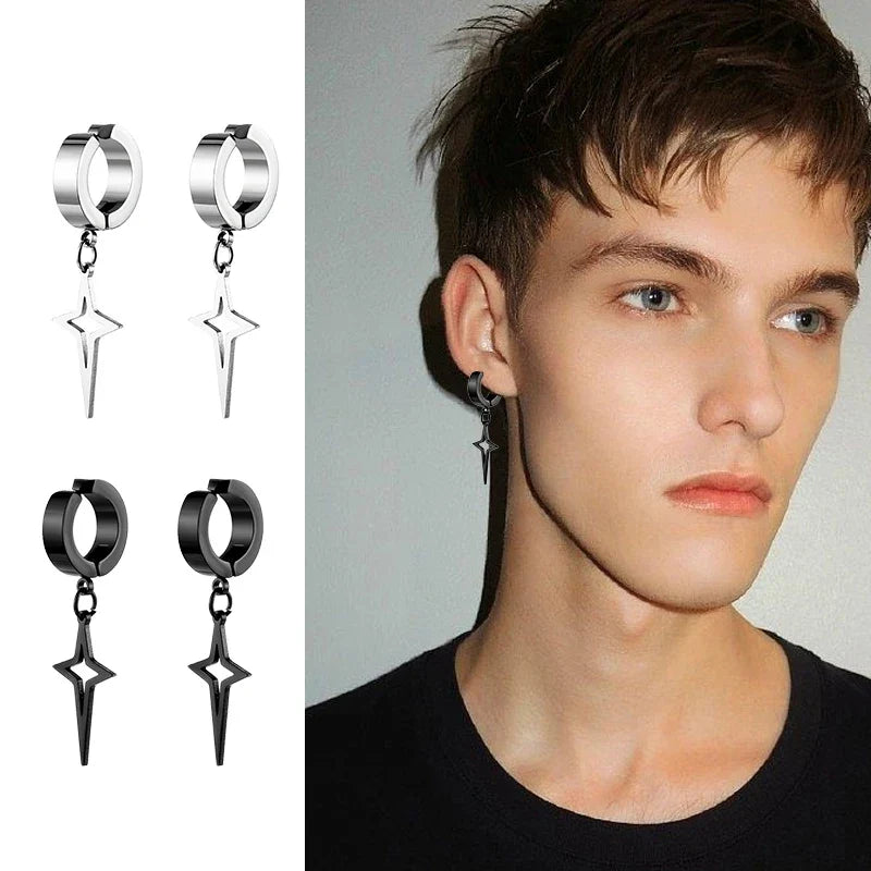 1Pair Punk Star Pendant Hoop Earrings | Clip-On Ear Cuff for Unisex