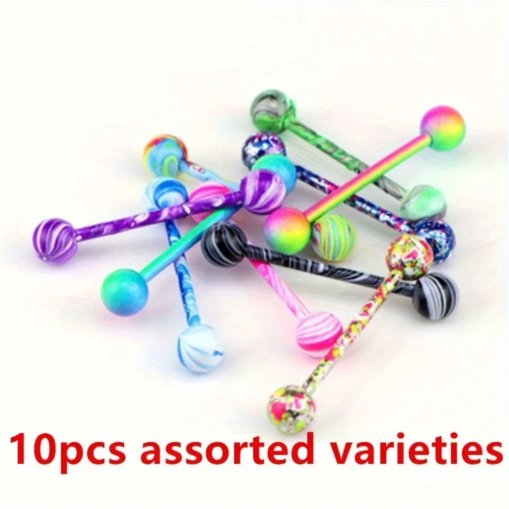 10pcs/set Tongue Rings Barbells Piercing Colorful Stainless Steel Ball Tongue Rings Barbell Bars Piercing Ring Punk For Men Wome