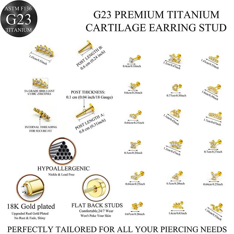EVISPOL ASTM F136 G23 Titanium Tiny CZ Labret Lip Stud Earring for Women 16G Heart Cartilage Helix Tragus Conch Piercing Jewelry