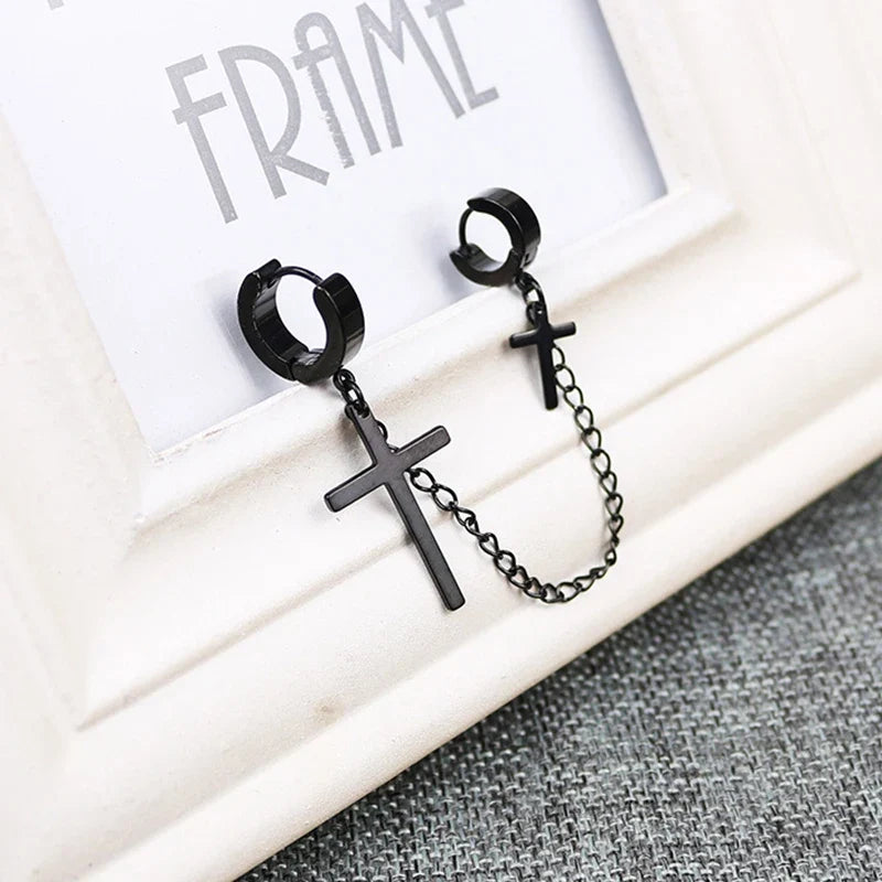Fashion Punk Cross Pendant Clip Earring | Unisex Metal Chain Tassel Ear Cuff