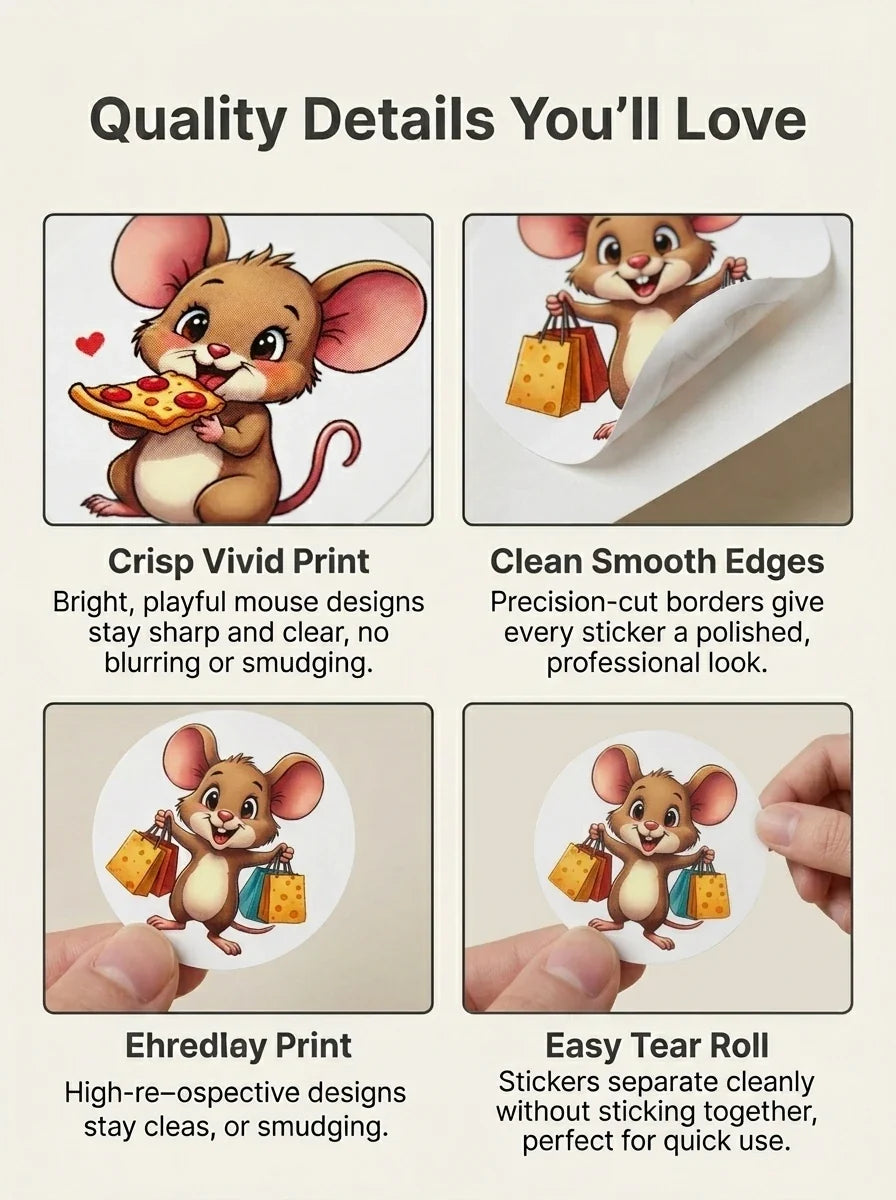 City Mouse Happy Life Stickers Roll 500Pcs | Cute Seal Labels for DIY Decor