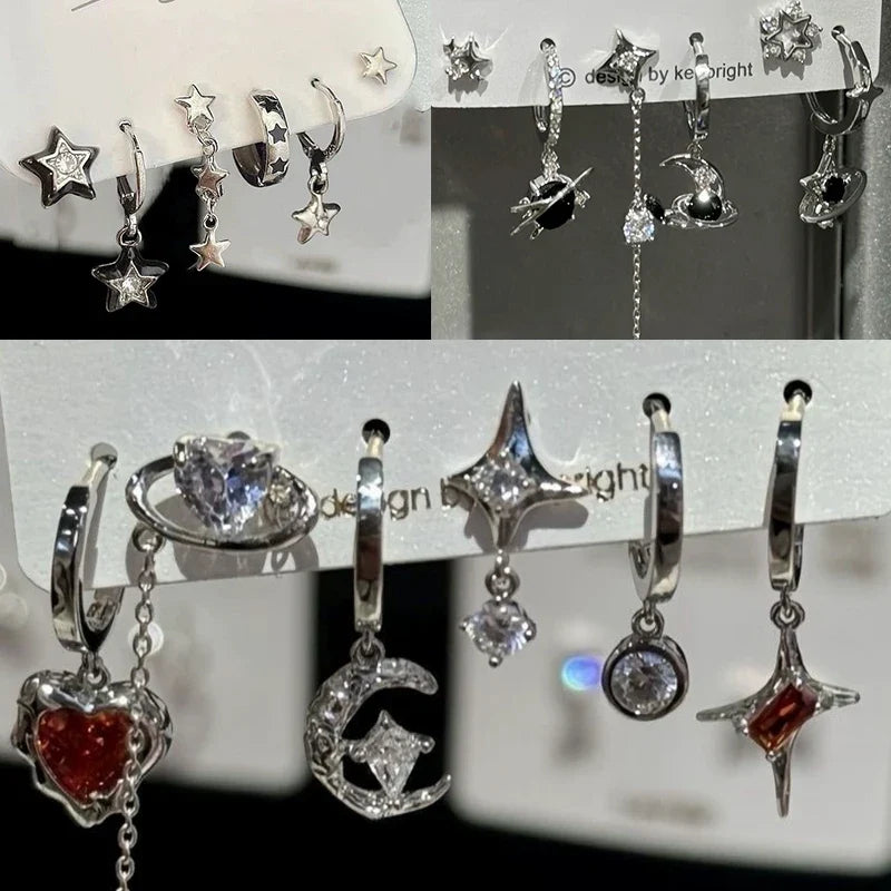 6PCS Goth Punk Vintage Aesthetic Crystal Heart Moon Cross Star Pendant Earrings Set | Grunge Y2K Jewelry