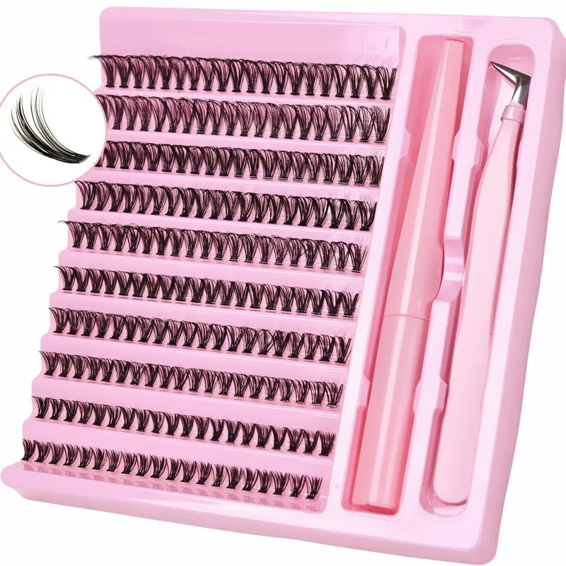 DIY D Curl False Lash Cluster Set 200Pcs with Bond & Tweezers Daily Casual Evening Cosplay Quick Eye Cosmetics
