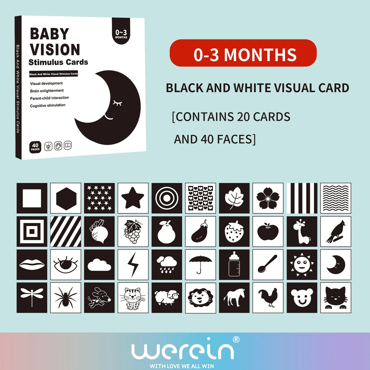 We Rein High Contrast Baby Black White Flash Cards, Newborn Visual Stimulation Cognitive Learning Toys, 0-6 Months Infant