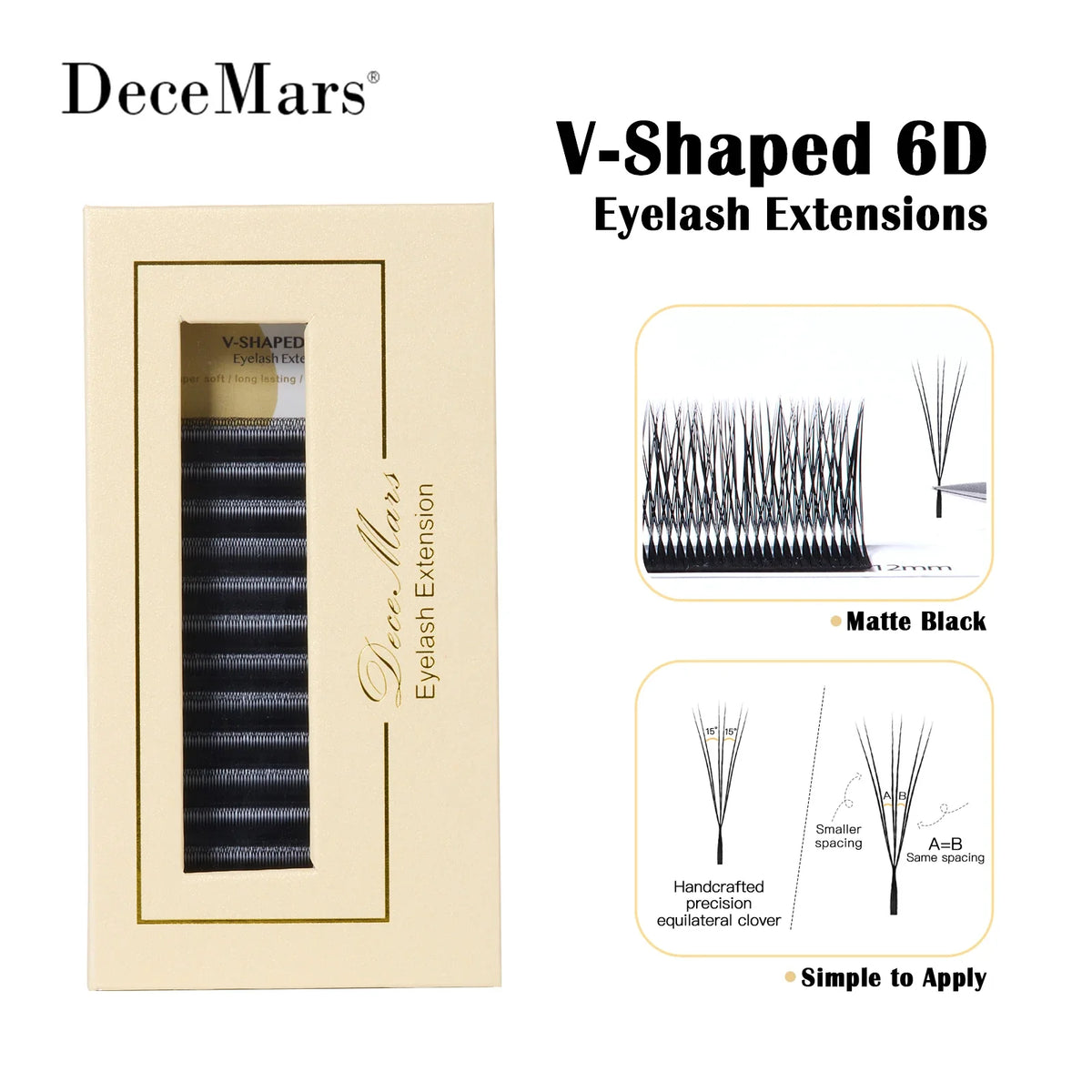 DeceMars V-shaped 6D Eyelash Extensions | Matte Black 12 Rows/Tray