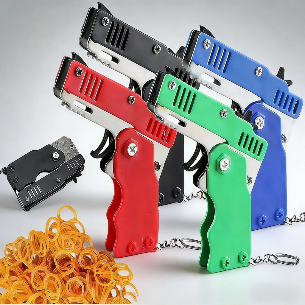 Folding Rubber Band Shooter Keychain Gun | 60-Piece Party Toy Set for Family Fun