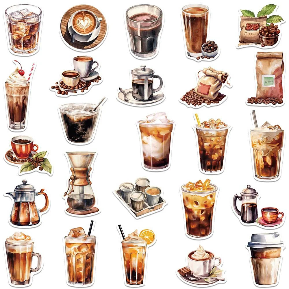 50 Cartoon Coffee Themed Stickers | Waterproof Decals for Laptops Helmets and Gear