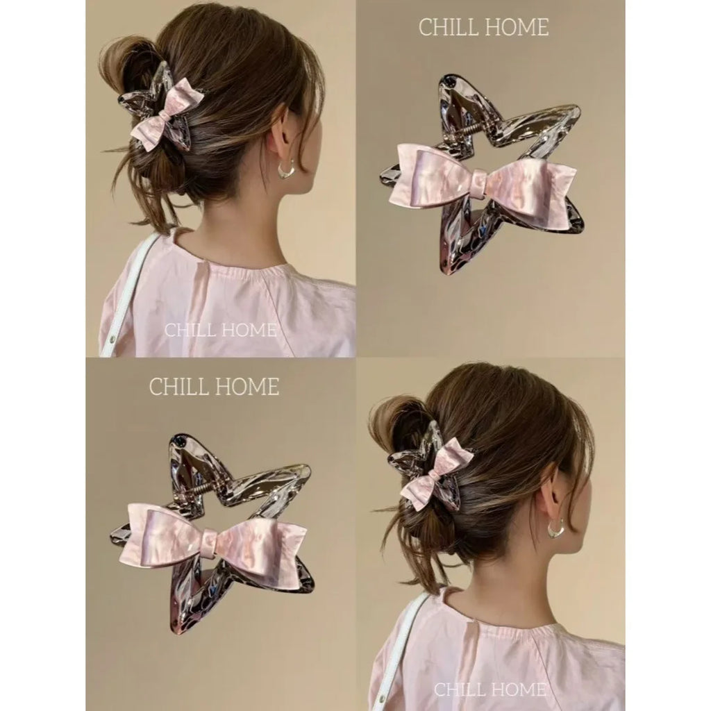 2026 New Pink Bow Tie Transparent Tea Star Hairpin Internet Celebrity Same Plate Hairpin Versatile Back Head Medium Grab Clip