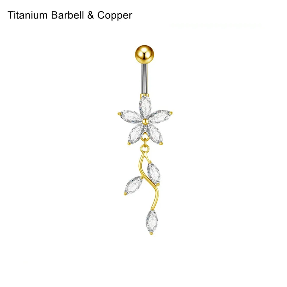 Stainless Steel Dangle Belly Button Ring Crystal Flower with Dangling Marquise Vine Titanium Navel Barbell Body Piercing Jewelry
