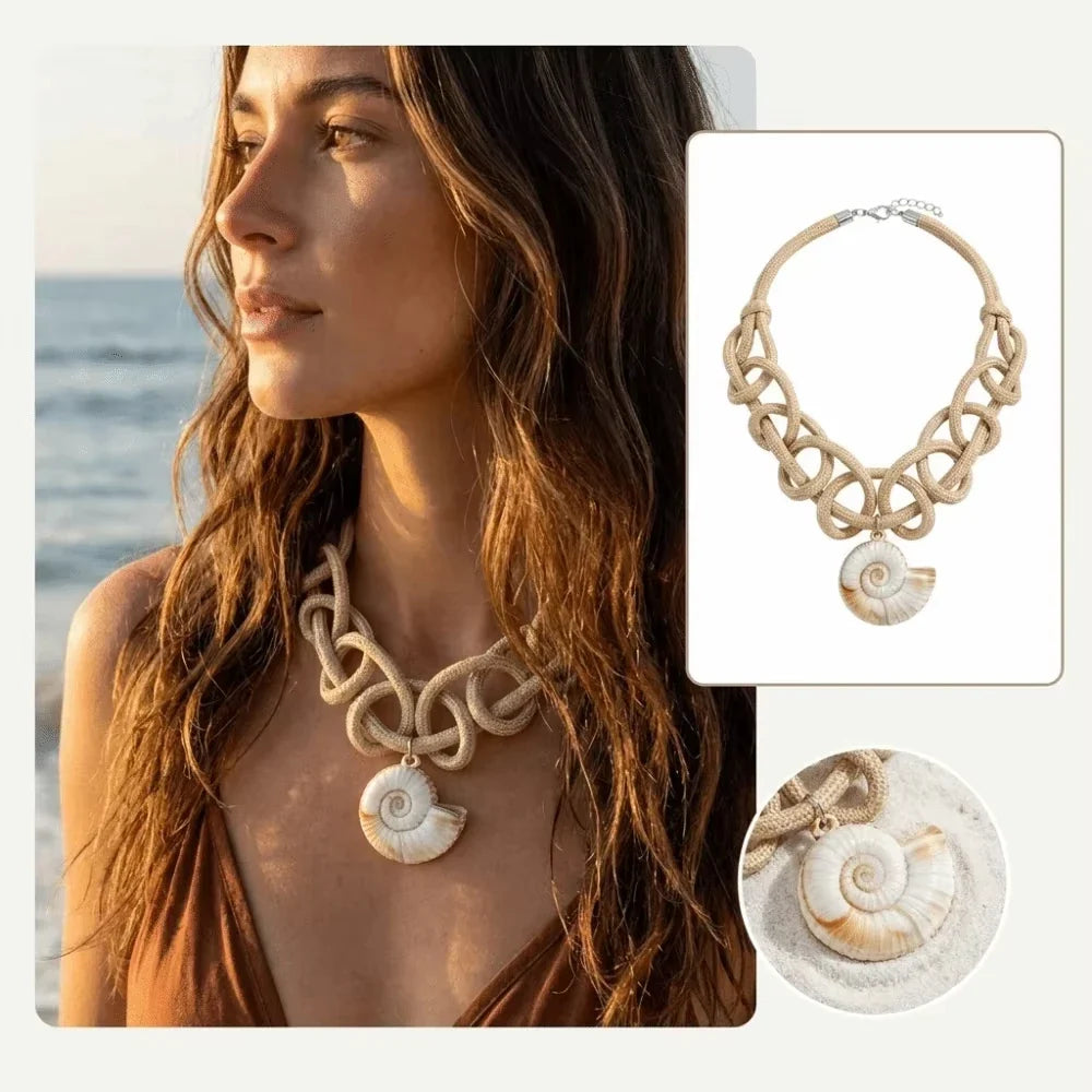 FTCY Bohemian Khaki Woven Thick Rope Necklace For Women Chunky Conch Pendant Choker Daily Wear on Summer Beaches