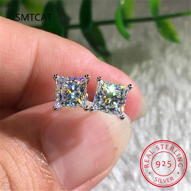 Moissanite Stud Earrings 925 Sterling Silver | VVS Simulated Diamond Princess Cut