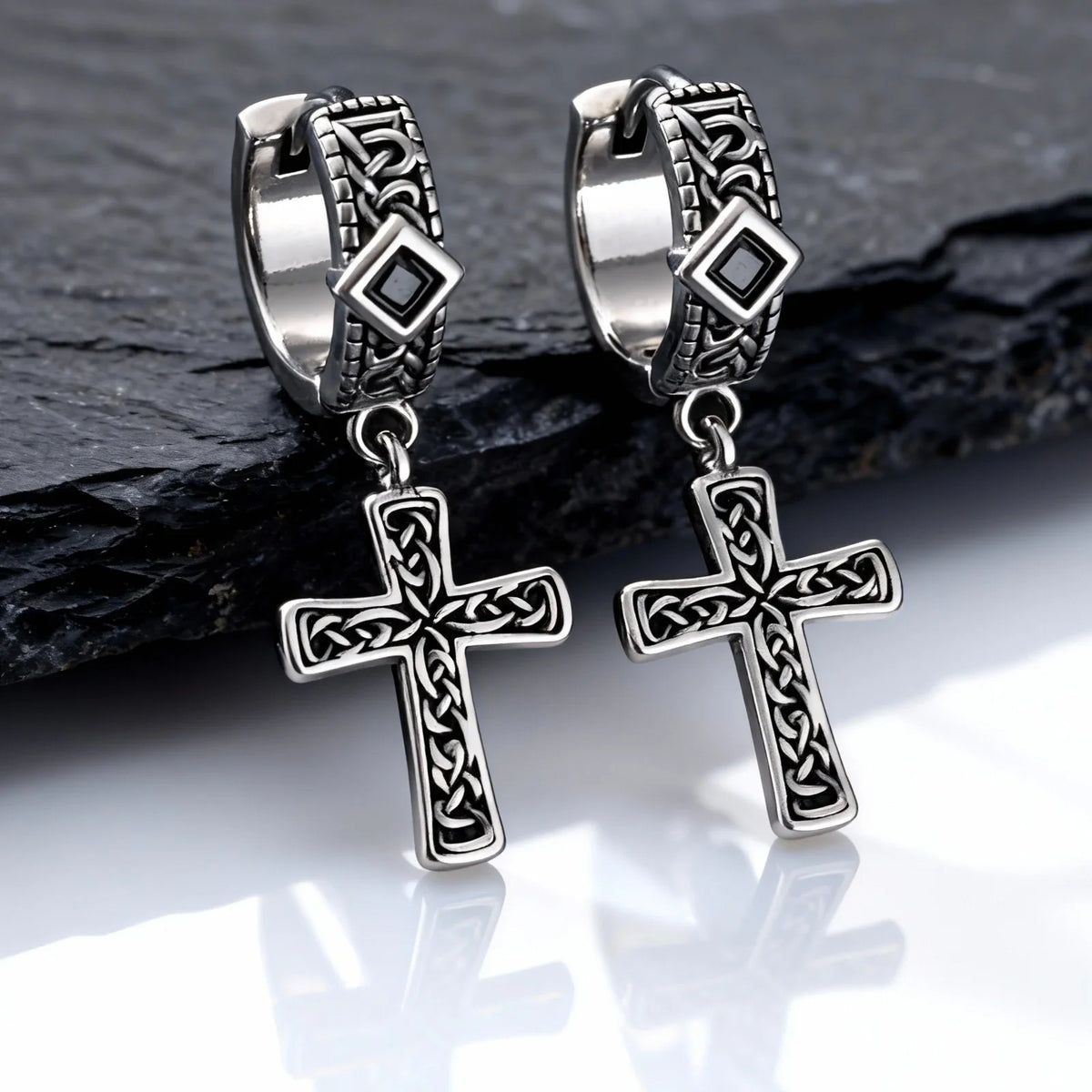 Vintage Celtic Knot Cross Hoop Earrings for Men | Anti Allergy Black Square Zircon Drop Earrings