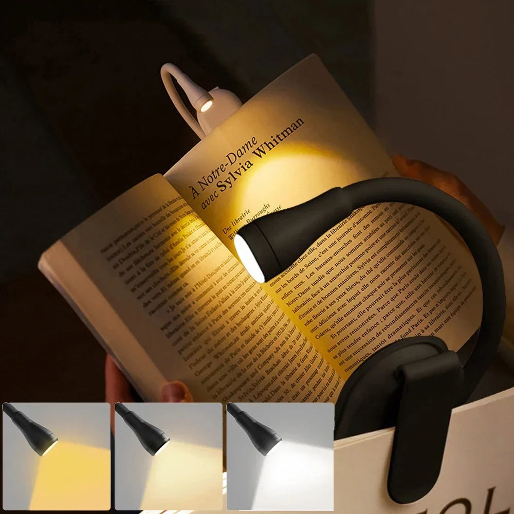 Rechargeable 3-Color Mini LED Book Light | 360° Adjustable Clip Eye Protection Reading Lamp