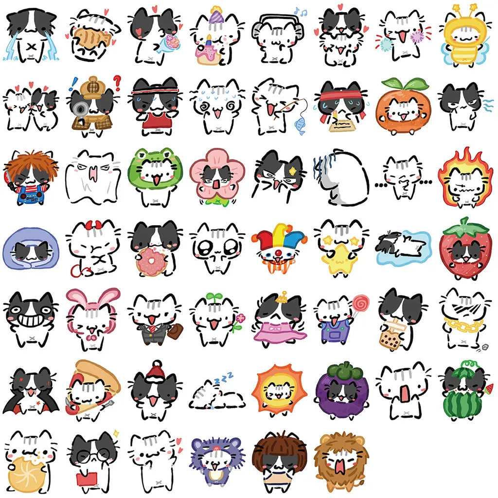 54pcs Transparent Cartoon Cat Stickers | Waterproof PET Decals for Guitar & Journals