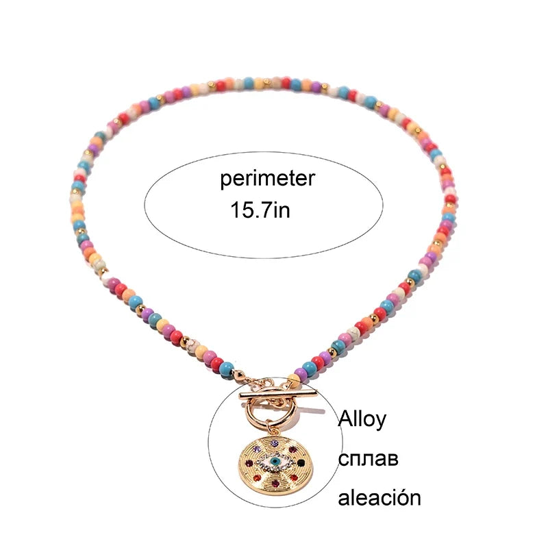 Colorful Stone Choker Necklace | Round Evil Charm Pendant for Women