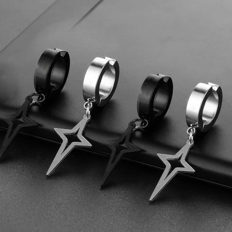 1Pair Punk Star Pendant Hoop Earrings | Clip-On Ear Cuff for Unisex
