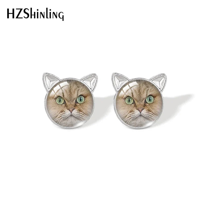 Lovely Cat Face Stud Earrings | Handmade Glass Dome Photo Printed Jewelry for Women