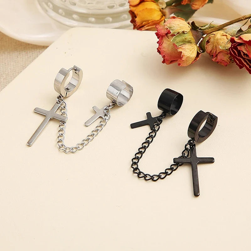 Fashion Punk Cross Pendant Clip Earring | Unisex Metal Chain Tassel Ear Cuff