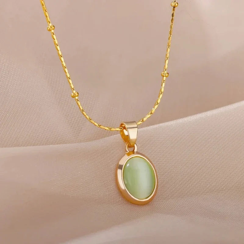 Fashion Stone Opal Oval Necklace For Women Stainless Steel Gold Color Oval Stone Pendant Necklace Wedding Aesthetic Jewelry Gift