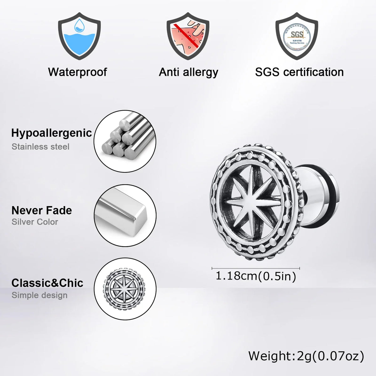 Vintage Men's Compass Stud Earrings | Stainless Steel Eight-Pointed Star Fashion Jewelry