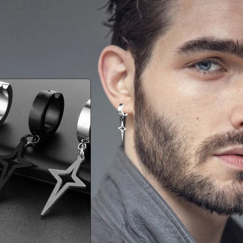 1Pair Punk Star Pendant Hoop Earrings | Clip-On Ear Cuff for Unisex