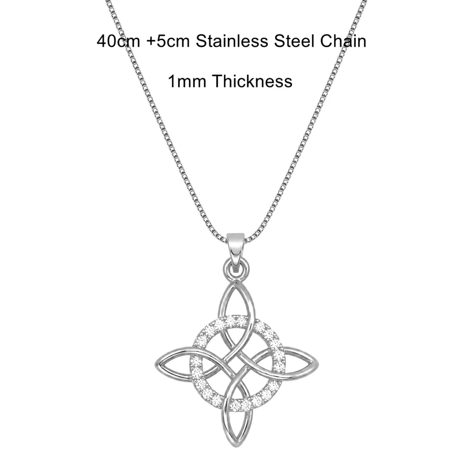 Witch Knot Pendant Necklace Stainless Steel Chain CZ Celtic 4 Elements Protection Amulet Retro Wiccan Gothic Women Men Jewelry